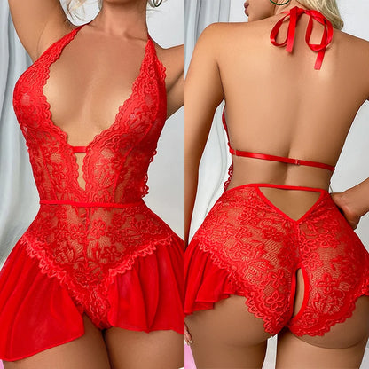 Crotchless White Bodysuits Women Lace Sexy Lingerie Erotic Costumes Teddy Baby Doll Wedding Dress Open Crotch Porn Underwear Set